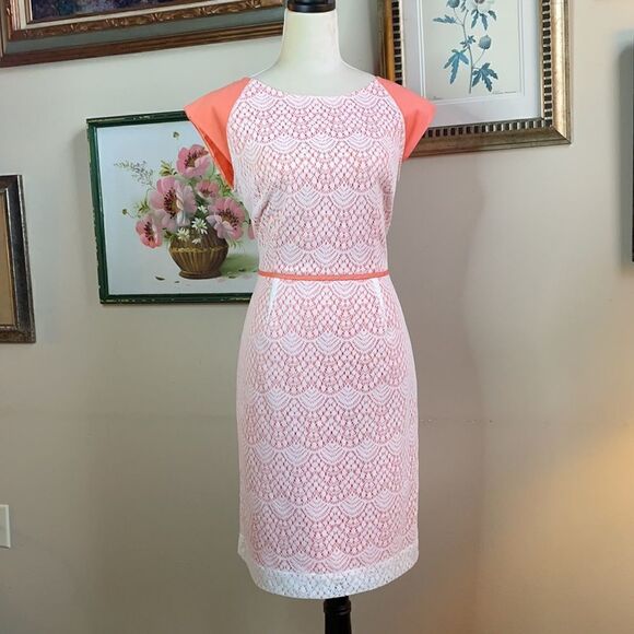 Alex Marie Peach Dress with White Lace Overlay, Cap Sleeves (Size: 8) - Picture 5 of 15